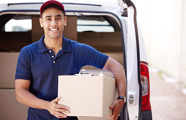 Image showing Delivery, box and portrait of man in van with checklist for shipping, logistics and supply chain boxes. Ecommerce, online shopping and face of happy male driver to deliver package, parcel and order