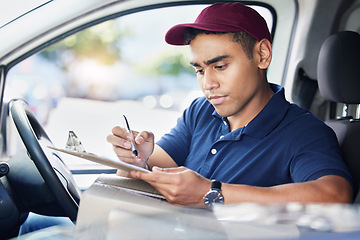 Image showing Delivery, clipboard and man writing in van with checklist for shipping, logistics and supply chain. Ecommerce, online shopping and male driver with product list to deliver package, parcel and order