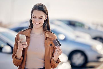 Image showing Credit card, phone and a woman with a car payment, online shopping or ecommerce with a smile. Happy, pay and a customer buying a product on a mobile app, banking or paying transport installment