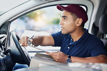 Image showing Delivery van, clipboard and man writing with checklist for shipping, logistics and supply chain. Ecommerce, online shopping and male driver with product list to deliver package, parcel and order