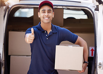 Image showing Delivery, thumbs up and portrait of man with box for shipping, logistics and supply chain. Ecommerce, online shopping and male driver with thank you hand sign to deliver package, parcel and order