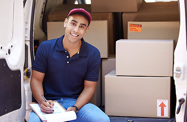 Image showing Delivery van, clipboard and portrait of man with boxes for shipping, logistics and supply chain checklist. Ecommerce, online shopping and male driver with list to deliver package, parcel and order