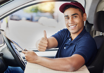 Image showing Delivery, thumbs up and portrait of man in van with checklist for shipping, logistics and distribution. Ecommerce, supply chain and male driver with thank you sign to deliver box, parcel and order