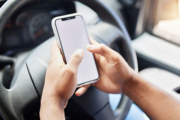 Image showing Mockup, phone screen and hands of man in care for website, communication and social media app. Technology, contact and digital with closeup of person in vehicle for network, connection and internet