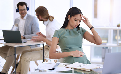 Image showing Stress headache, pregnant woman in office and worry at desk, laptop and small business research online. Pregnancy, exhausted businesswoman and anxiety, overtime on report for startup design company.