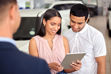 Image showing Tablet, car and shopping with couple and salesman for vehicle showroom, test drive and consulting. Auto, transportation and purchase with man and woman in dealership for insurance, sale and motor