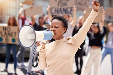 Image showing Justice, protest and black woman with megaphone and group shouting loud for justice due to government problem. Equality, angry and person fist up for politics fight or freedom with frustrated people