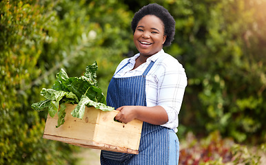 Image showing Farm, agriculture and portrait of black woman with basket of vegetables, harvest and fresh produce. Farming, sustainability and happy female farmer with crate of organic, natural and health food