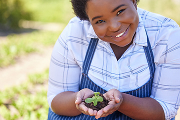 Image showing Agriculture, portrait and black woman with plant in hands for planting vegetables, harvest and ecosystem. Farming, sustainability and farmer with dirt in palms for environment, growth and nature