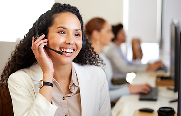 Image showing Call center, agent and woman with telemarketing, smile and friendly with tech support, professional and advice. Staff, female person or happy employee with headphones, customer service and consulting