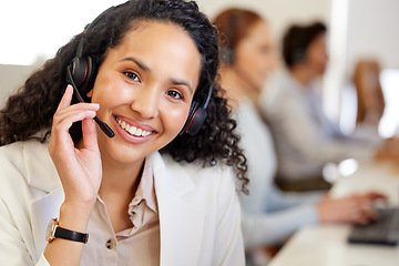 Image showing Business woman, call center and portrait with a smile of phone consultation and web support. Consulting, happiness and office of a customer service, contact us and telemarketing employee at company