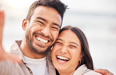 Image showing Couple outdoor, face and laughing in selfie with romantic date, social media post with love and care. Trust, care and commitment, man and woman funny together with happiness in picture and memory