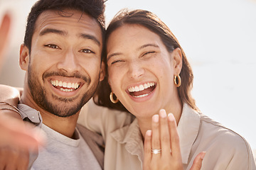 Image showing Couple in selfie, proposal and engagement ring with love and commitment, happy in portrait with social media post. Face, man and woman with marriage, happiness and care, smile in picture with jewelry