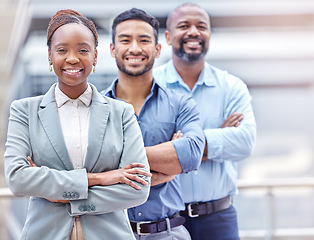 Image showing About us, leadership and portrait of lawyer team or professional people arms crossed confident in teamwork. Diversity, workforce and group of employees together as a startup company or agency