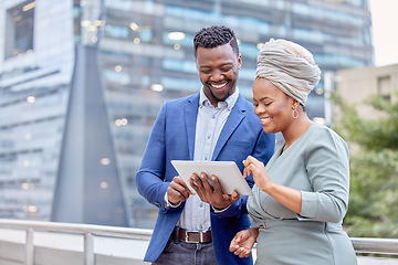 Image showing Tablet, business and people working in the city for research in cape town for entrepreneurship. Professional, teamwork and urban building with reading technology for communication in career on app.