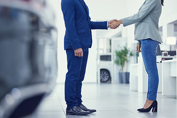 Image showing Closeup, man and woman with handshake, collaboration and customer with negotiation, car dealership and selling. Zoom, business people or client shaking hands, agreement and professional with contract