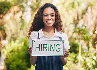 Image showing Portrait, smile and woman with hiring sign for employment, career or job opportunity. Face, recruitment poster and African female business owner, florist and advertising interview, hire or onboarding