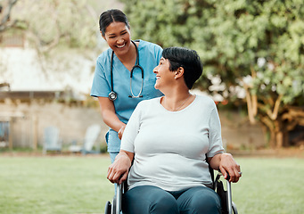 Image showing Garden, nurse and senior woman in a wheelchair, healthcare and happiness with care, recovery and rehabilitation. Female person with a disability, medical professional and mature patient in a park