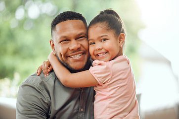 Image showing Family, father hug daughter and smile in portrait with bonding, love and care, happiness at home. Happy man with young girl and affection in relationship, people relax together with bond and trust