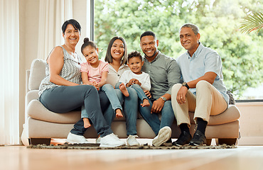 Image showing Family in portrait, grandparents and parents with children relax on sofa with smile, generations and bonding at home. Support, trust and love with care, people are happy together in living room