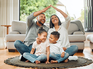 Image showing Family, parents and children with roof, safety and protection with love, care and security with happiness at home. Hands together, insurance cover or people in house with mom, dad and kids with trust