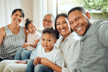 Image showing Family in selfie, grandparents and parents with children relax with smile, generations and bonding at home. People are happy in picture together in living room, love and care with support and trust