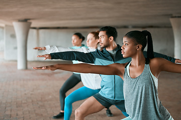 Image showing Team, exercise and friends stretching as a fitness club for sports, health and wellness in an urban class together. Sport, commitment and people training or group doing pilates workout in yoga