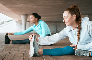 Image showing Friends, workout and people stretching as a fitness club for sports, health and wellness in an urban town together. Sport, commitment and friends training or team leg warm up for workout or run