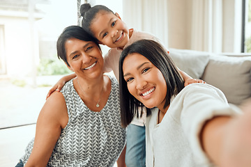 Image showing Happy family, portrait smile and selfie for social media, profile picture or online post on living room sofa at home. Grandma, mother and child smiling for photo, memory or bonding together in house