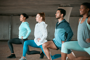 Image showing Friends, workout and people stretching as a fitness club for sports, health and wellness in an urban class together. Sport, commitment and group training or team doing pilates exercise in yoga