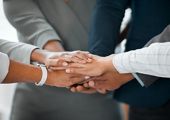 Image showing Collaboration, hand or huddle of group of employees with motivation, trust or support, synergy and partnership. Teamwork, hands together or business people in cooperation, team building or solidarity