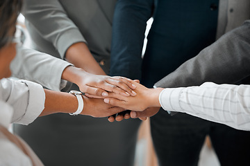 Image showing Teamwork, hands together and business people in cooperation, team building and solidarity. Collaboration, hand huddle and group of employees with motivation, trust or support, goal and partnership