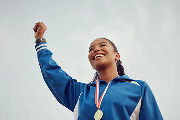 Image showing Happy woman, fist and celebration of winning athlete, success or victory for sports achievement on mockup. Female person or winner with smile in joy for win, award or sport medal on mock up space