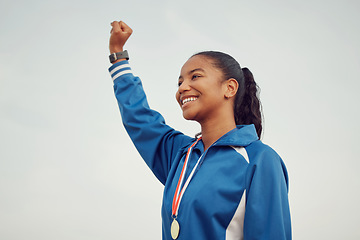 Image showing Happy woman, fist and celebration in sports for winning success or victory achievement on mockup. Female person, athlete or winner with smile in joy for win, award or sport medal on mock up space