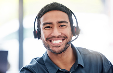 Image showing Portrait, man and happy call center worker with headset, smile and professional mindset for customer service, support or help. Face, person and working in telemarketing, crm or online consulting