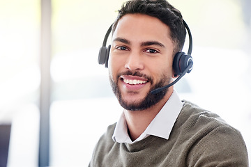 Image showing Man, portrait and happy call center worker with headset, smile and professional mindset for customer service, support or help. Face, person and working in telemarketing, crm or online consulting