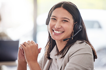 Image showing Portrait, woman and happy call center worker with headset, smile and professional mindset for customer service, support or help. Face, person and working in telemarketing, crm or online consulting