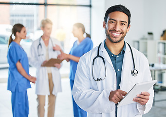 Image showing Medical, doctor and tablet with portrait of man in hospital for digital report, networking and expert research. Medicine, healthcare and app with male physician for technology, results and internet