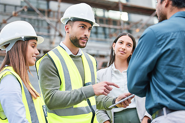 Image showing Teamwork, architecture and tablet with people on construction site for planning, building and project management. Industrial, technology and engineering with contractors for designer and inspection