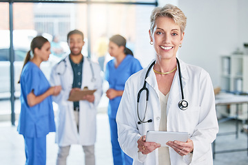 Image showing Medical, doctor and tablet with portrait of woman in hospital for digital report, networking or expert research. Medicine, healthcare and app with female physician for technology, results or internet