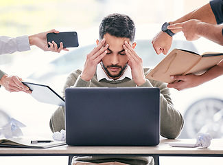 Image showing Burnout, headache and chaos of business man with stress, anxiety or mental health crisis, documents and laptop. Project problem, phone call and paperwork of manager, time management and people hands