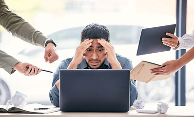 Image showing Stress, confused and chaos of man on computer for headache, anxiety or mental health, reading mistake or fail. Risk, laptop and worried manager of time management, business questions and people hands