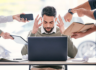 Image showing Stress, computer and chaos of business man with burnout, anxiety or mental health crisis, documents and phone call. Project problem, laptop and brain fog of manager, time management and people hands