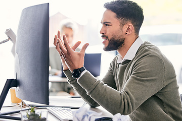 Image showing Confused, frustrated and business man on computer with questions, 404 error and online problem, mistake or wrong email. What, reading and angry professional person on desktop pc in office with anger