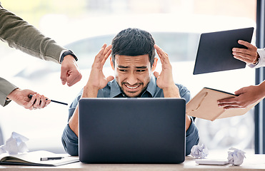 Image showing Stress, burnout and chaos of man on computer with headache, anxiety or mental health, mistake and fail. Confused, brain fog and tired manager with time management, business questions and people hands