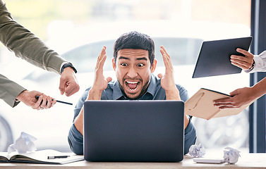 Image showing Stress, angry and business man chaos on computer, mental health risk and frustrated for mistake, 404 error or job fail. Scream, laptop and burnout of manager for time management risk and people hands