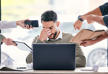 Image showing Stress, headache and chaos of business man with anxiety, burnout or mental health crisis, documents and laptop. Project problem, phone call and paperwork of manager, time management and people hands