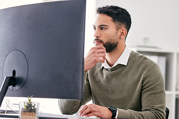 Image showing Thinking, planning and business man on computer for website solution, research and serious, focus or job decision. Reading, review and choice of web designer person on desktop pc for problem solving