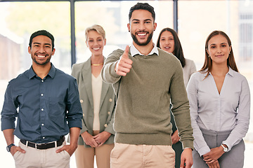 Image showing Portrait, thumbs up and people with manager success, business teamwork and thank you sign or emoji. Group, leadership and winner, happy man or employees like, yes and okay or thanks and winning hand