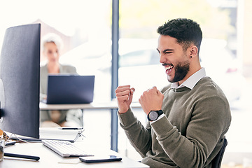 Image showing Winning, computer and business man for success, online news and bonus with cheers, yes and excited. Happy professional person or winner on desktop pc with fist, celebration and achievement or results